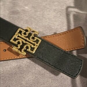 Tory Burch Black and brown reversable Leather Belt with Gold Double-T Buckle